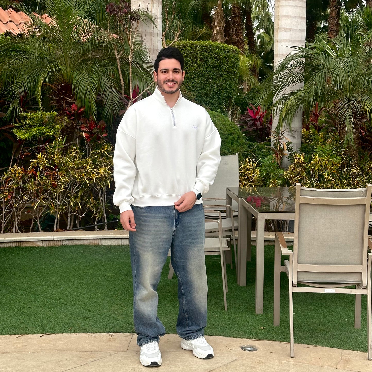 Unisex White Quarter-zip sweater