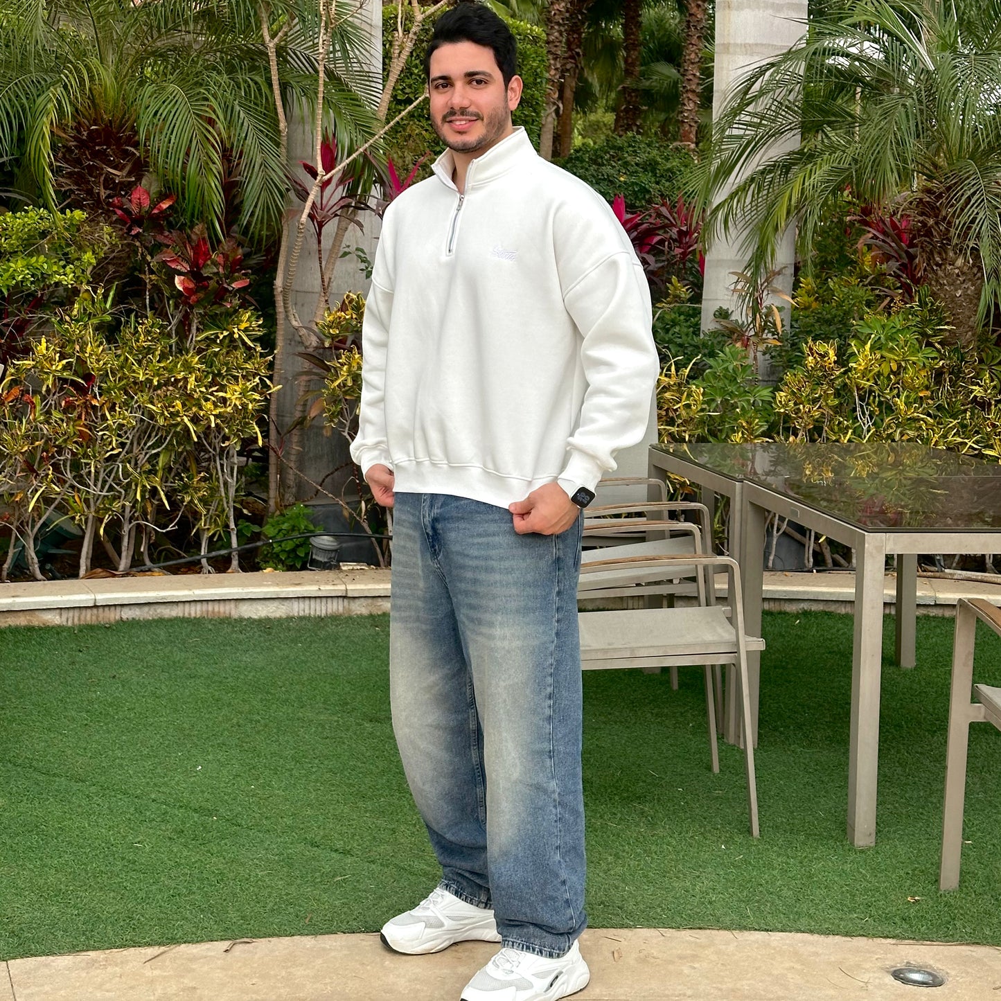 Unisex White Quarter-zip sweater